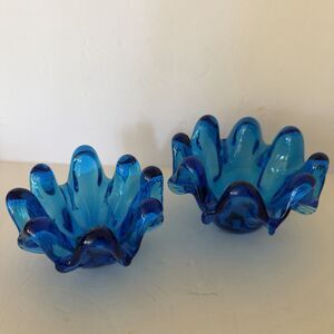 Murano Italian Art Glass Blue 2 Nesting Bowls Vtg Swung Dipping Trinket Dishes